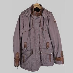 XL Superior Brown Hooded Button Zip Quilted Jacket Removable Hood, Faux Leather